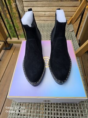 CECILIA NEW YORK Black Suede Stud-Trim Chelsea Booties